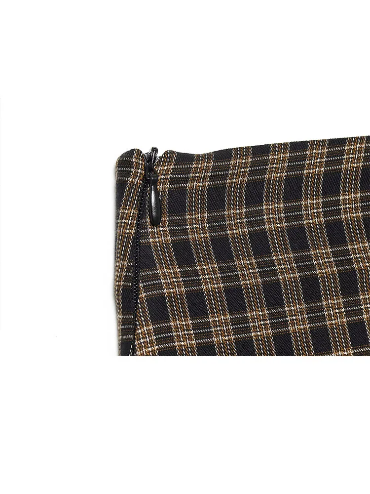 HH Women Fashion Vintage Versatile Zipper Pleated Plaid Skirt Female Mid Waist High Street Casual Slit Hem Midi Long Skirt Mujer