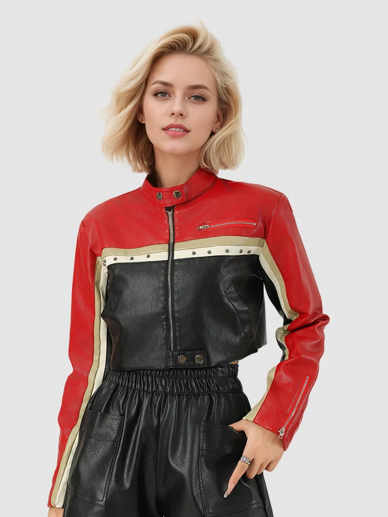 High quality contrasting splicing PU leather waist exposed women's leather jacket rock punk short motorcycle top