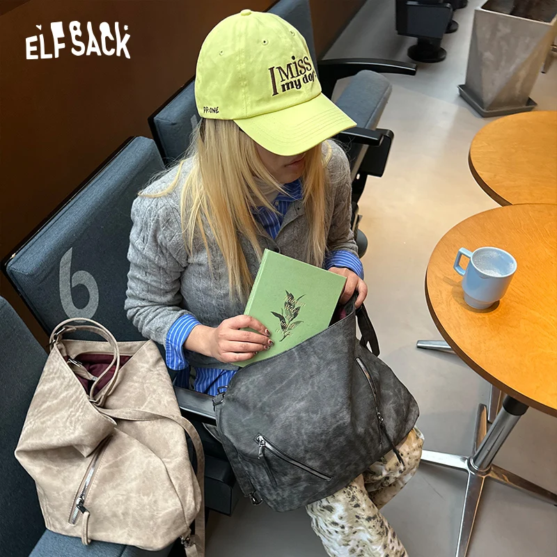 ELFSACK 2025 Spring New Arrivals Versatile Crossbody Shoulder Bag Vintage Tote Bag Women Large Capacity Bag