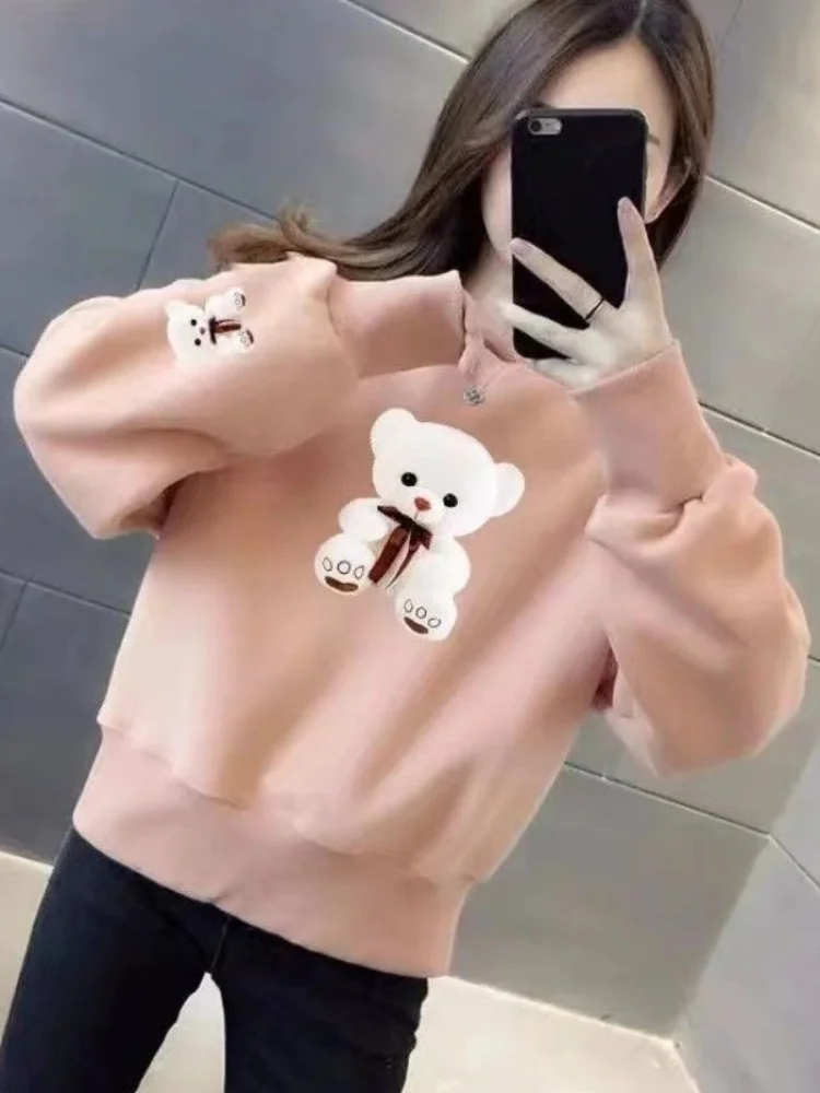 Cafe Brown Small Size Sweatshirt Women's Autumn Winter New Korean Loose Fashionable Bear Print Versatile Outerwear Shirt