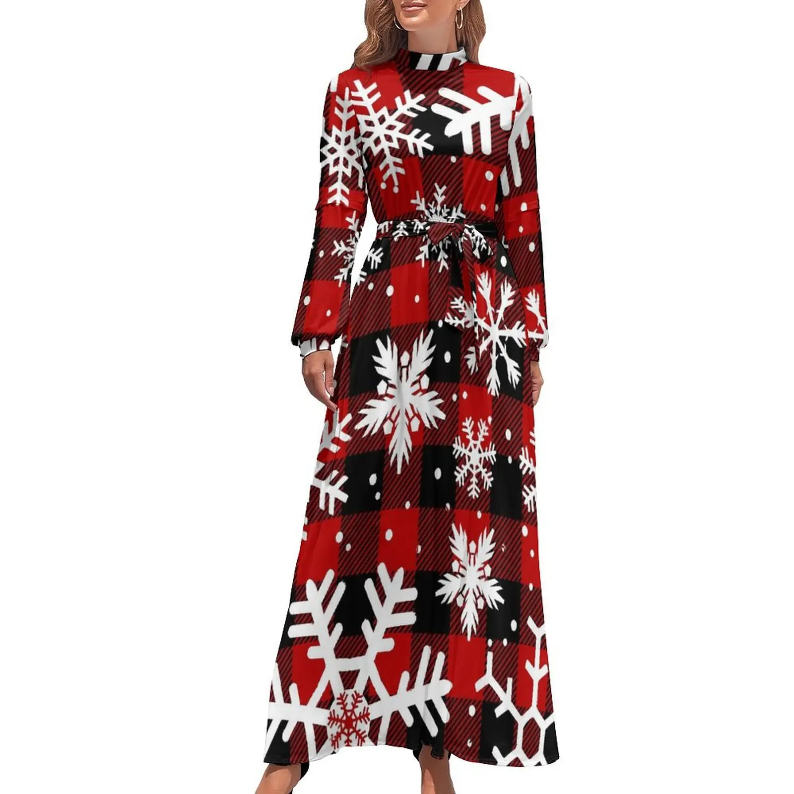 

Christmas Snowflakes Dress High Neck Red Black Plaid Design Bohemia Dresses Long-Sleeve Fashion Long Maxi Dress Party Vestidos