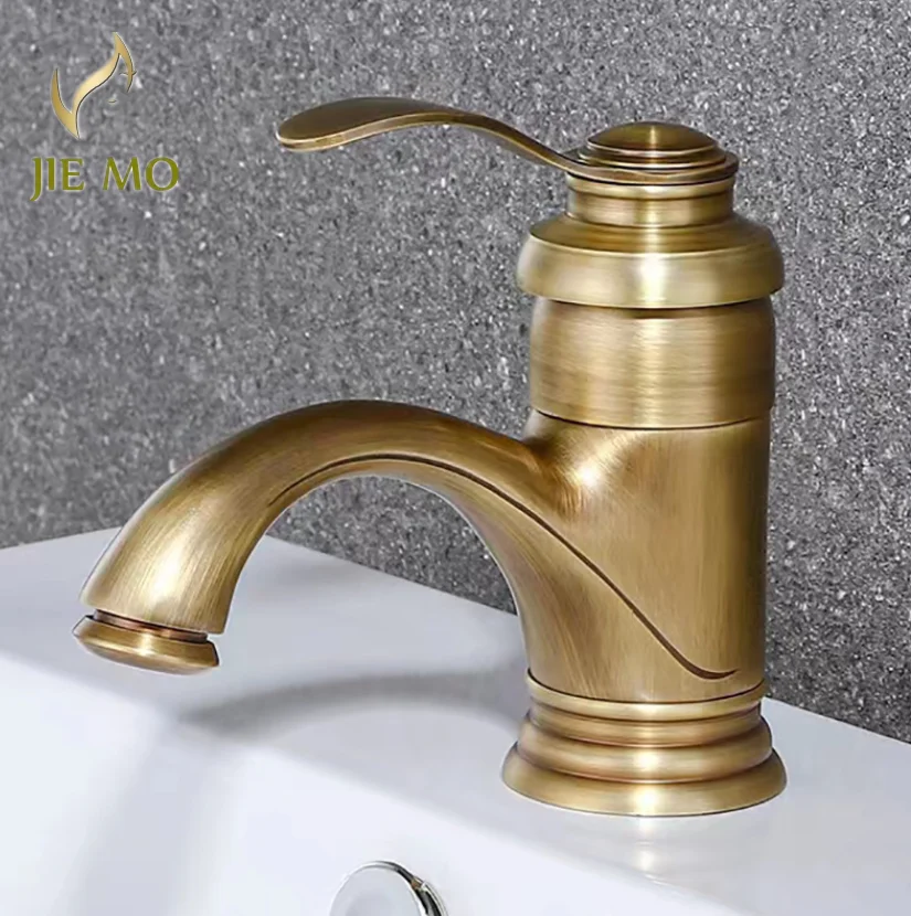 

Brass teapot cold and hot water faucet wash basin Golden vintage faucet antique basin faucet table basin