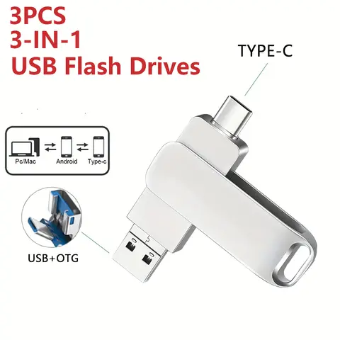 Chiavetta USB 3 in 1 da 3 pezzi 128 GB 64 GB 32 GB 16 GB 8 GB, disco U ad alta velocità USB 2.0, penna in metallo di tipo C per PC portatili Tablet