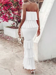 Sexy Elegant Evening Party Dresses New Fashion 2024 Summer Casual Bandeau Shirred Ruffle Hem Layered Dress