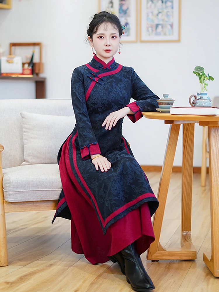 

Ele Slimming New Chinese Sle Long Qipao Dr Women's Revamped Traditional Gown Cotton Viscose High Slit