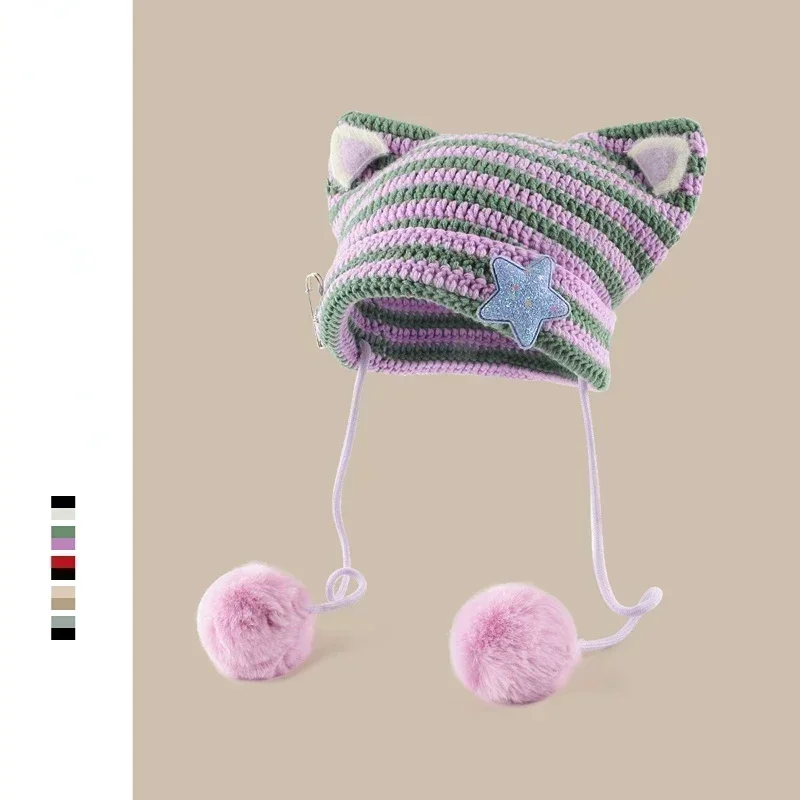 Handmade Y2k Japanese Cat Ear Beanies Rabbit Hair Pom-pom Striped Sweetheart Girl Knit Cap Autumn and Winter Warm Women\'s Hats