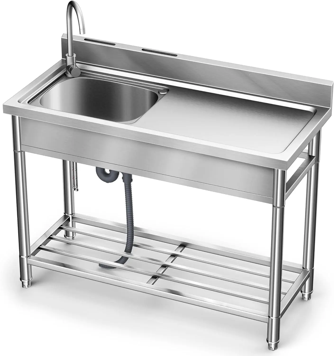 LAFATI Stainless Steel Utility Sink, 304 SUS Free Standing Kitchen Sink Single Bowl With Large Work Station Cold and Hot Water