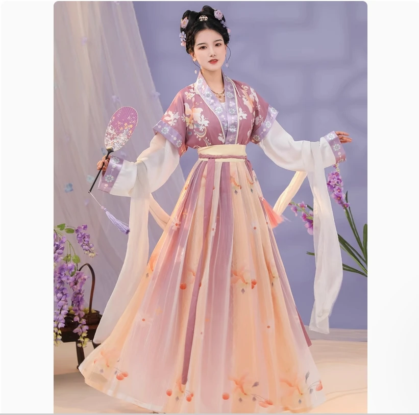 زي Hanfu النسائي القديم على الطراز الصيني، تنورة بطول الخصر ذات الياقة المتقاطعة للارتداء اليومي في الصيف