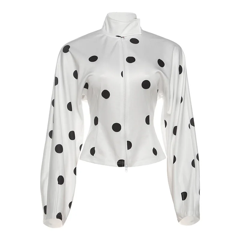 2025 nuevo estilo europeo y americano Otoño e Invierno ropa de mujer moda temperamento lunares cuello alto doble cremallera