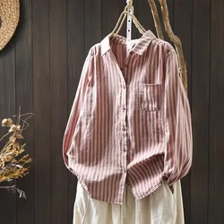 Autumn women's clothing 100% cotton yarn striped shirts and blouses for women Japan style casual vintage long sleeve tops