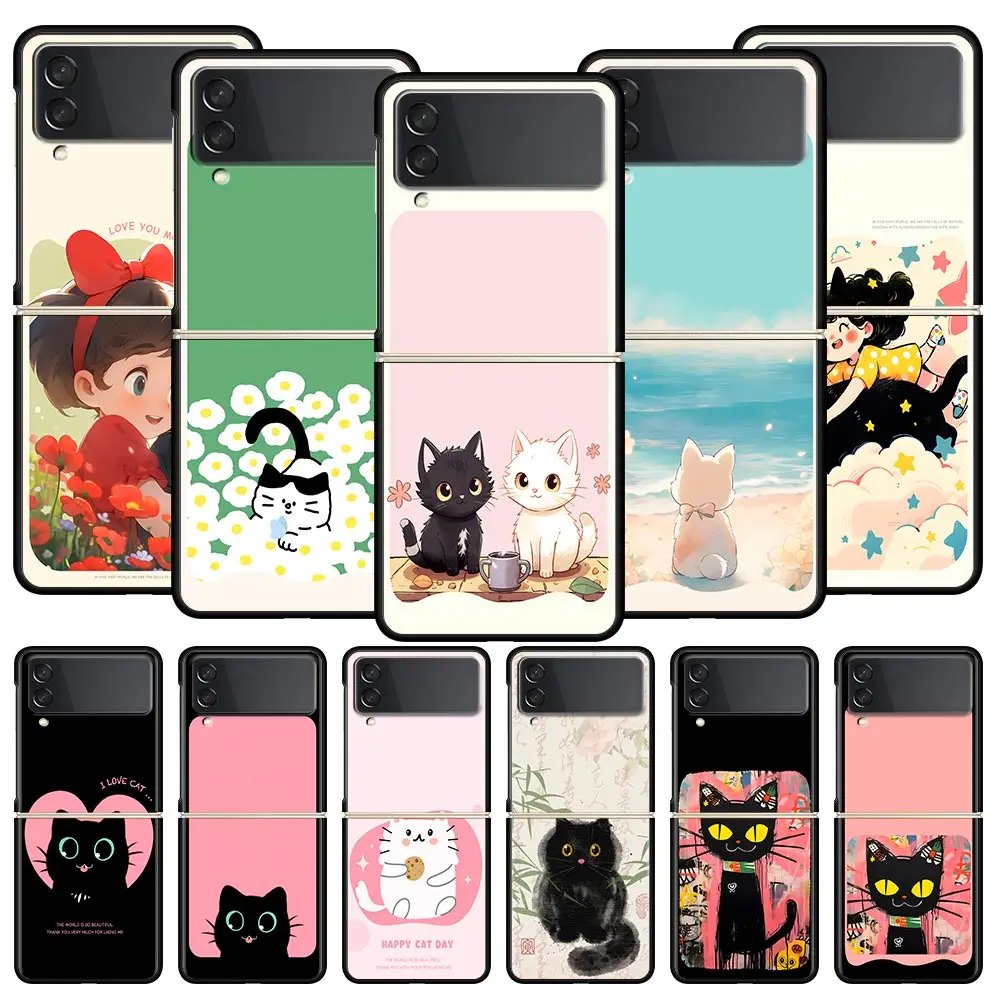 Cute Cartoon Black Cat Phone Case For Samsung Galaxy Z Flip3 Flip4 Flip5 Case Shell For Z Flip 3 4 5 6 7 Hard Folding Cover