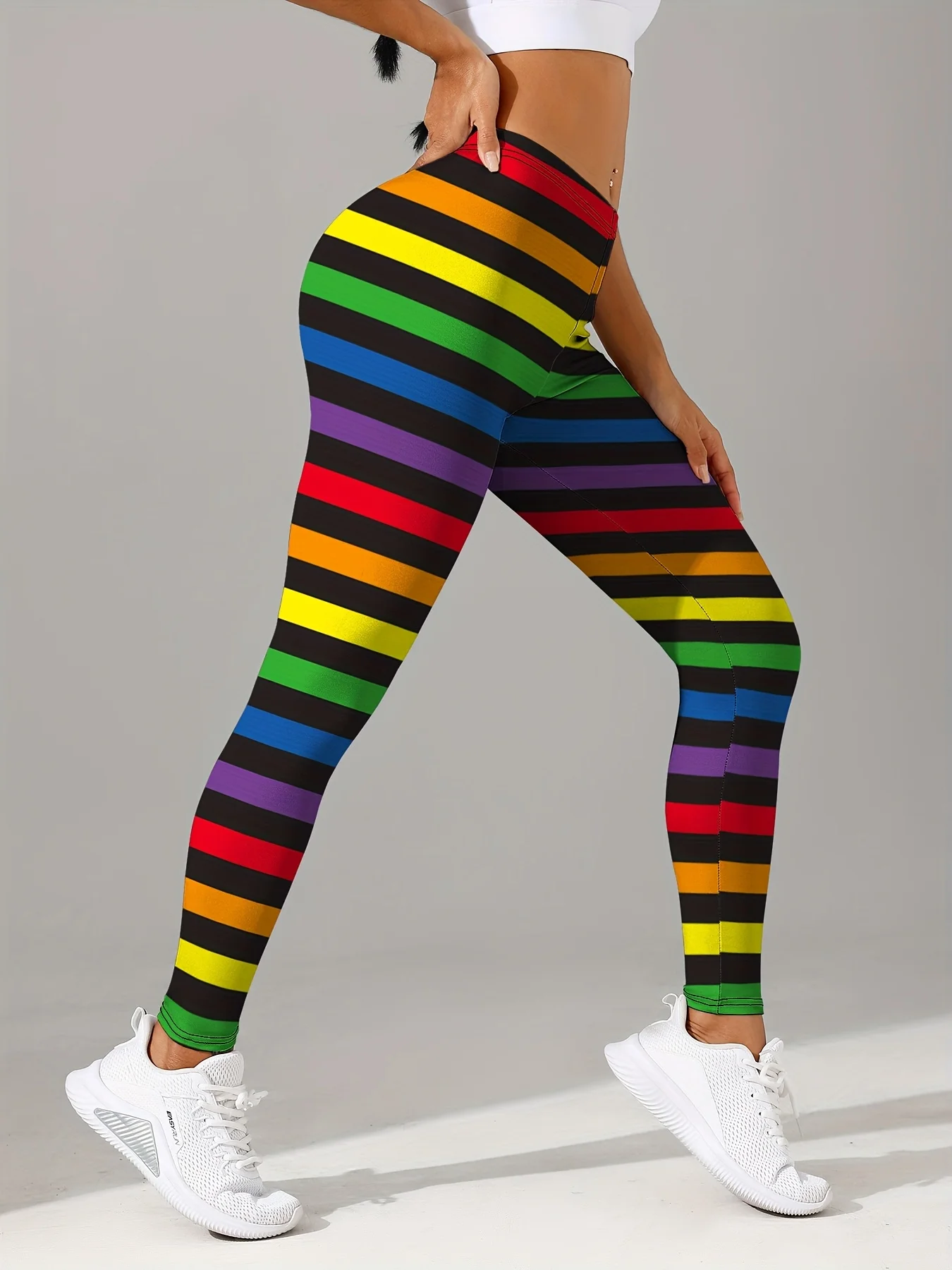 Women Mid‑Rise Fleece Lined Leggings Rainbow Stripe Print Warm Elastic Casual Winter Long Pants