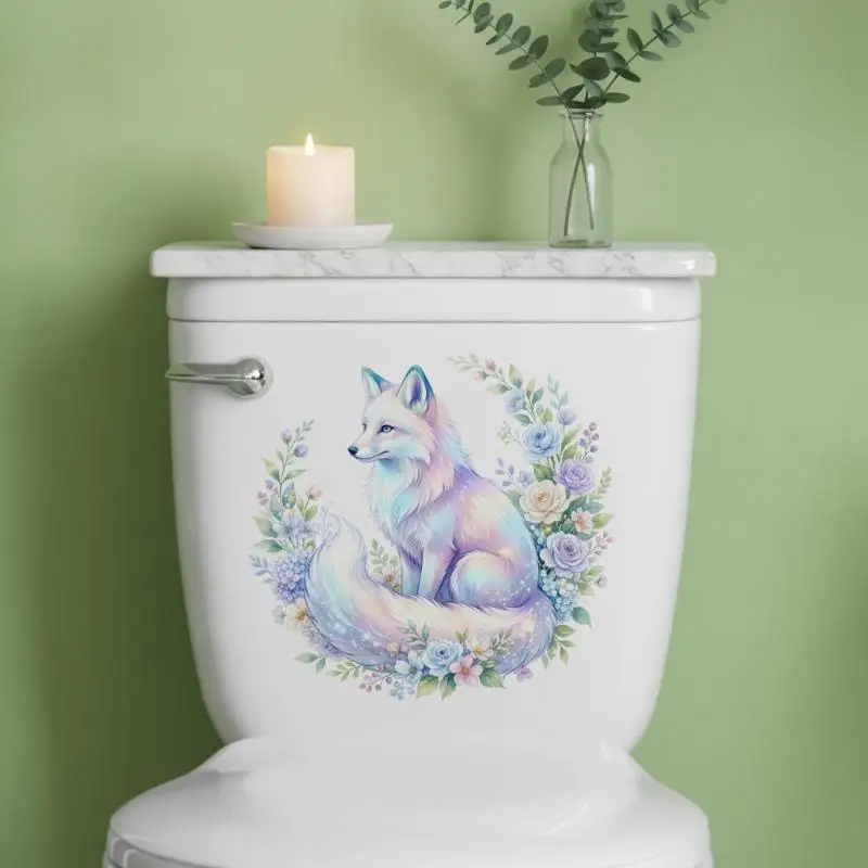 Gradient Iridescent Arctic Fox Bouquet Toilet Seat Sticker Bathroom Floor Decal Waterproof Anti Slip Removable Bathtub Decor