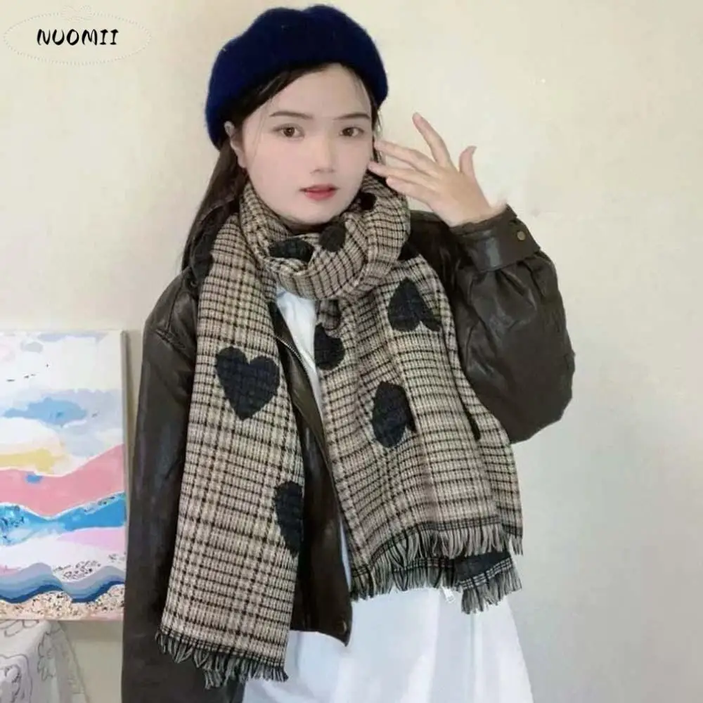 

Acrylic Fibers Heart Knitted Scarf Soft Warmer Double-sided Scarf Tartans Printed Windproof Long Thickened Shawl Outdoor
