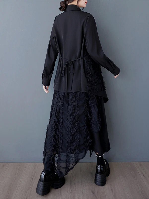 Spring Autumn 2025 New Sle k Loose Artistic Heavyweight Lace Trim Splicing irt Top f-length Skirt Irregular Hemline