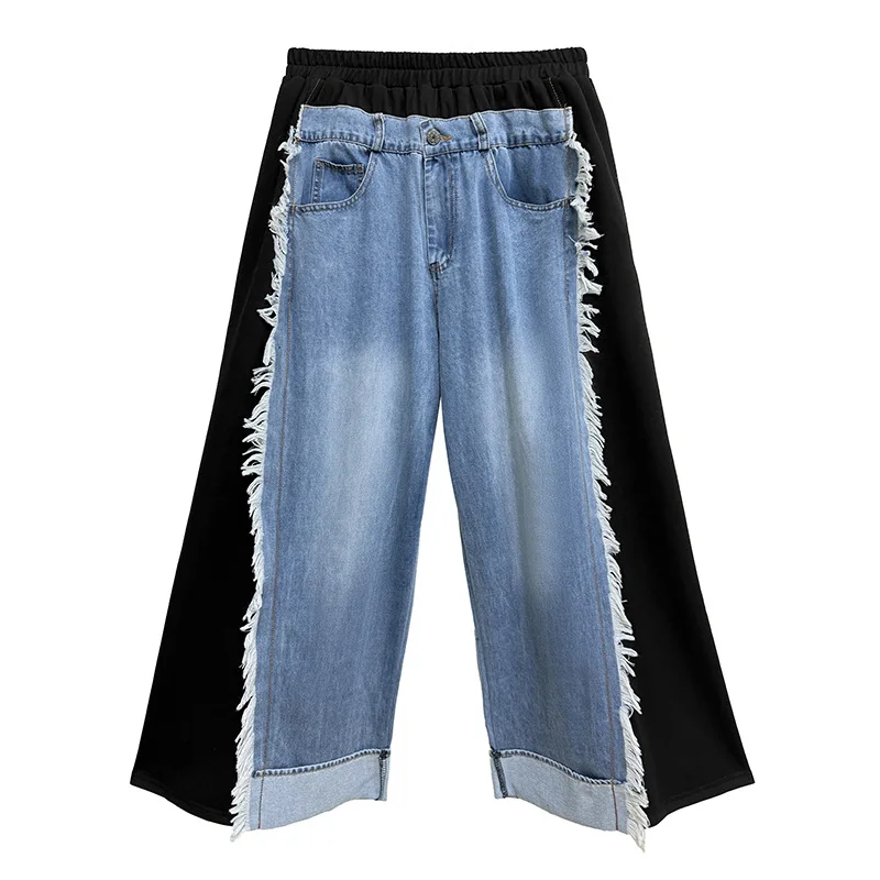 النساء تقسم الجينز سراويل جينز بنطال ذو قصة أرجل واسعة شرابة كامل طول عالية الخصر سستة فضفاضة Y2k الشارع الشهير عادية خريف 2025