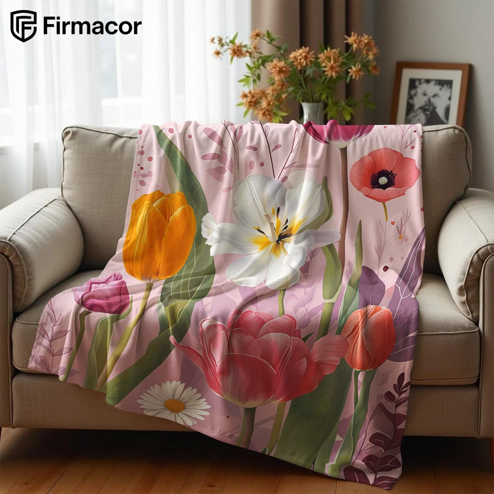Blush Tulip Bouquet Cartoon Anime Print Flannel Blanket Soft Warm Throw for Kids Bedroom Sofa Bed Christmas Office Car