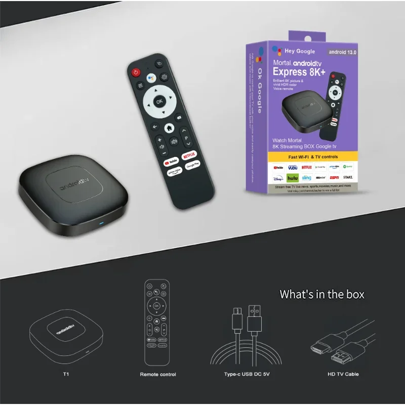 T1 ATV فك التشفير أندرويد 13.0 8K + Android TV Box Wifi 2.4/5g Vivid HDR مشغل فيديو صوت عن بعد Allwinner H313 Netflix Box