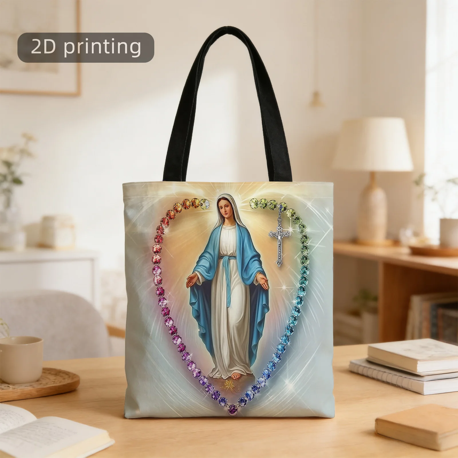 2D Printed Tote Bag, Featuring Cross And Rosary Beads, Designed for Religious Use. This Fashionable Reusable Shoulder Bag