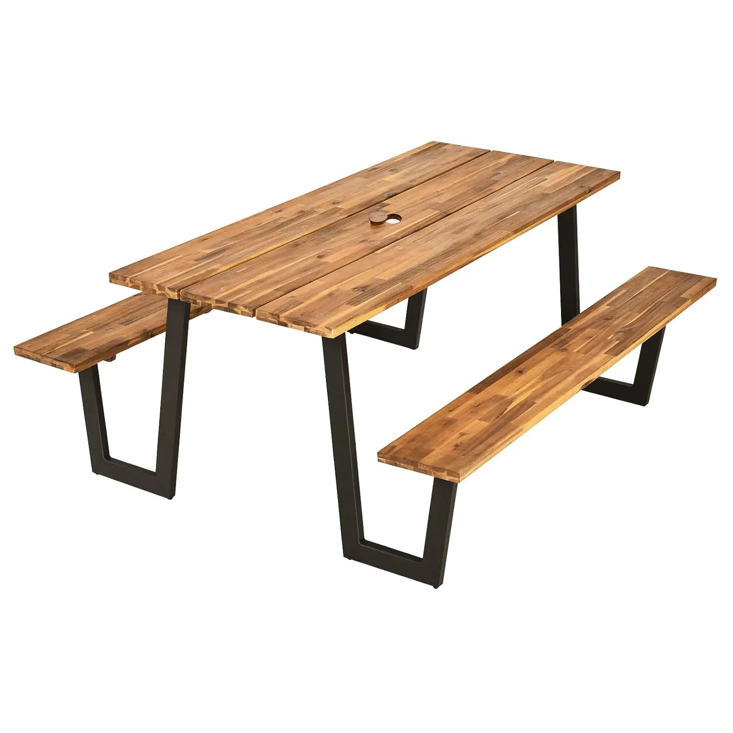 

Wooden Picnic Table, Outdoor Acacia Wood Picnic Table with 2 Built-in Benches, Umbrella Hole, Steel Frame, Outside, Customized
