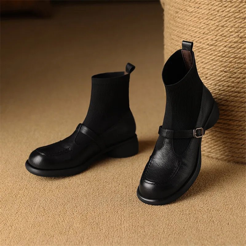 Nowe jesienne buty damskie z prawdziwej skóry Modne buty z okrągłym noskiem dla kobiet Krótkie buty Botines Mujer Chunky Heels Skinny Boots