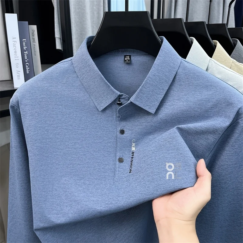 Spring Autumn Men Long Sleeve Polo Shirt Lapel Collar Letter Print TShirt Solid Color Casual Male Soft Basic Tee Father Clothing