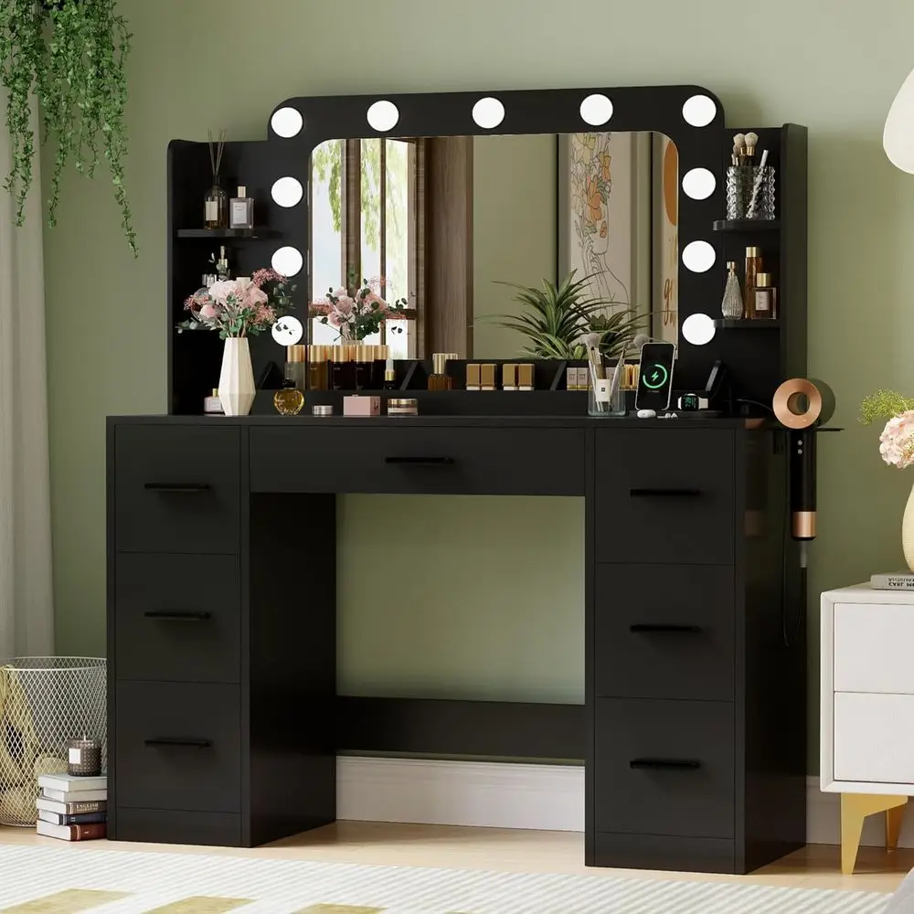 JUMMICO Makeup Vanity Desk with Large Mirror and Lights, Vanity with Power Strip and Hairdryer Holder, 6 Open Shelves and 7 Ders