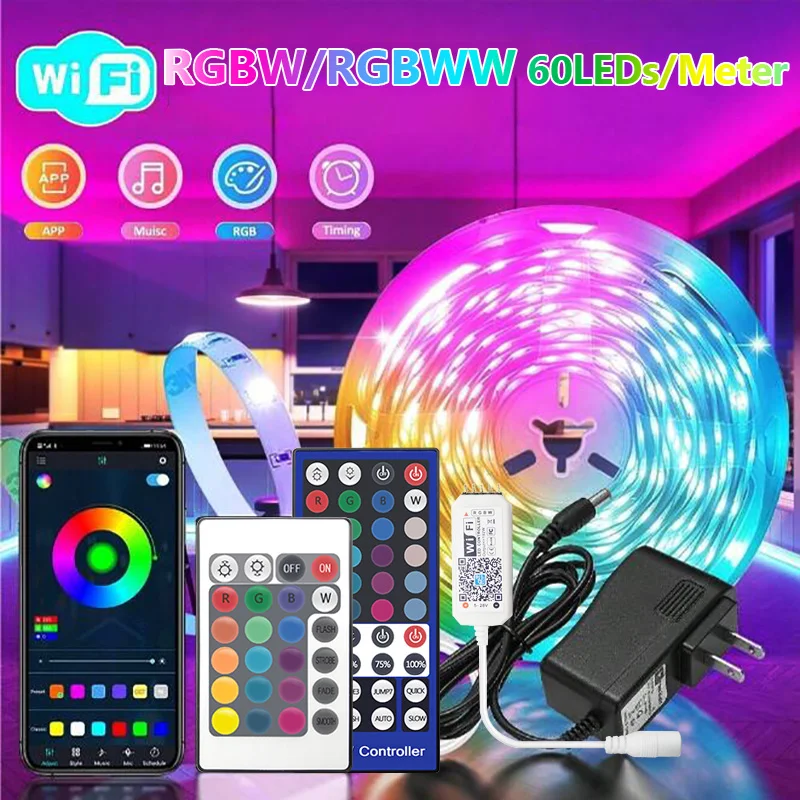 

WIFI 5050 RGBW LED Strip APP Control RGBWW Led Light Flexible Lamp Tape For Game Home Decoration And Ambient Lighting with Plug