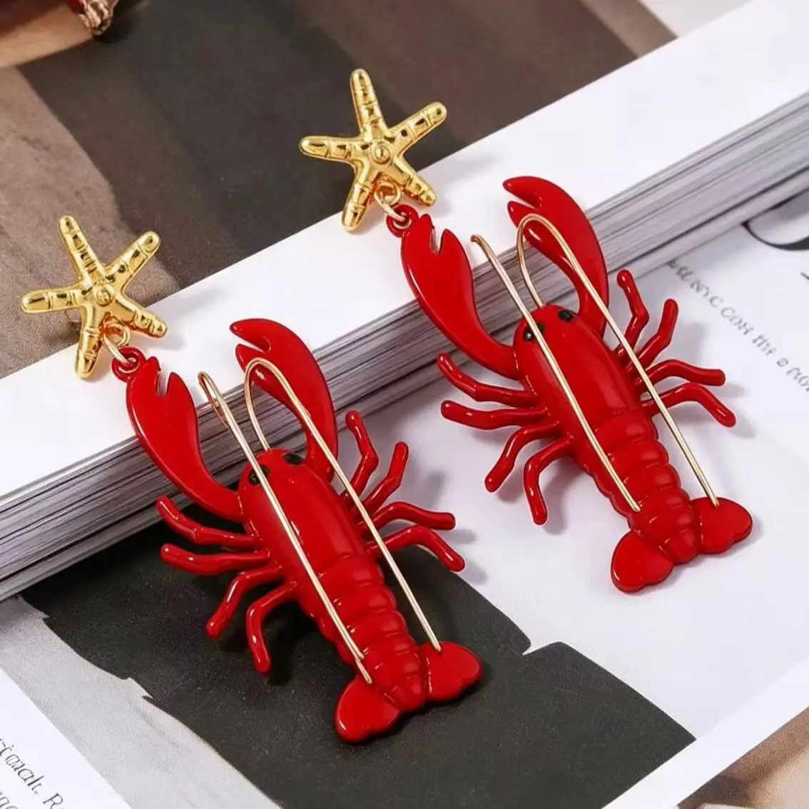 Unique Trendy Seaside Vacation Style Long Hair Paint Lobster Earrings