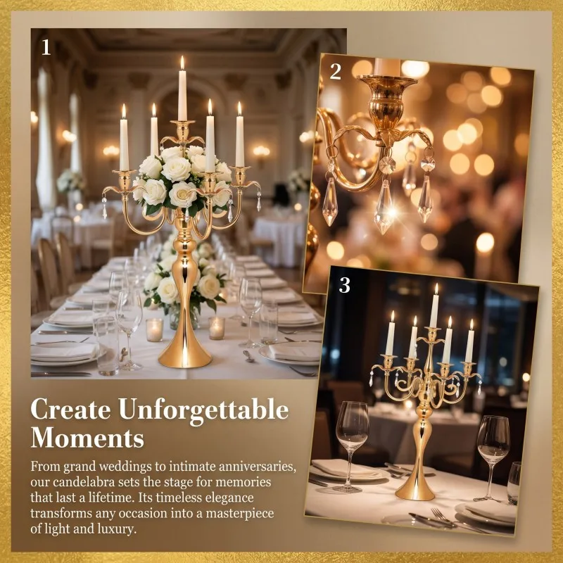 5-Arm Candelabra with K9 Crystal Drops Weighted Metal Candlestick Dual-Use Floral Centerpiece for Wedding Banquet Table Decor