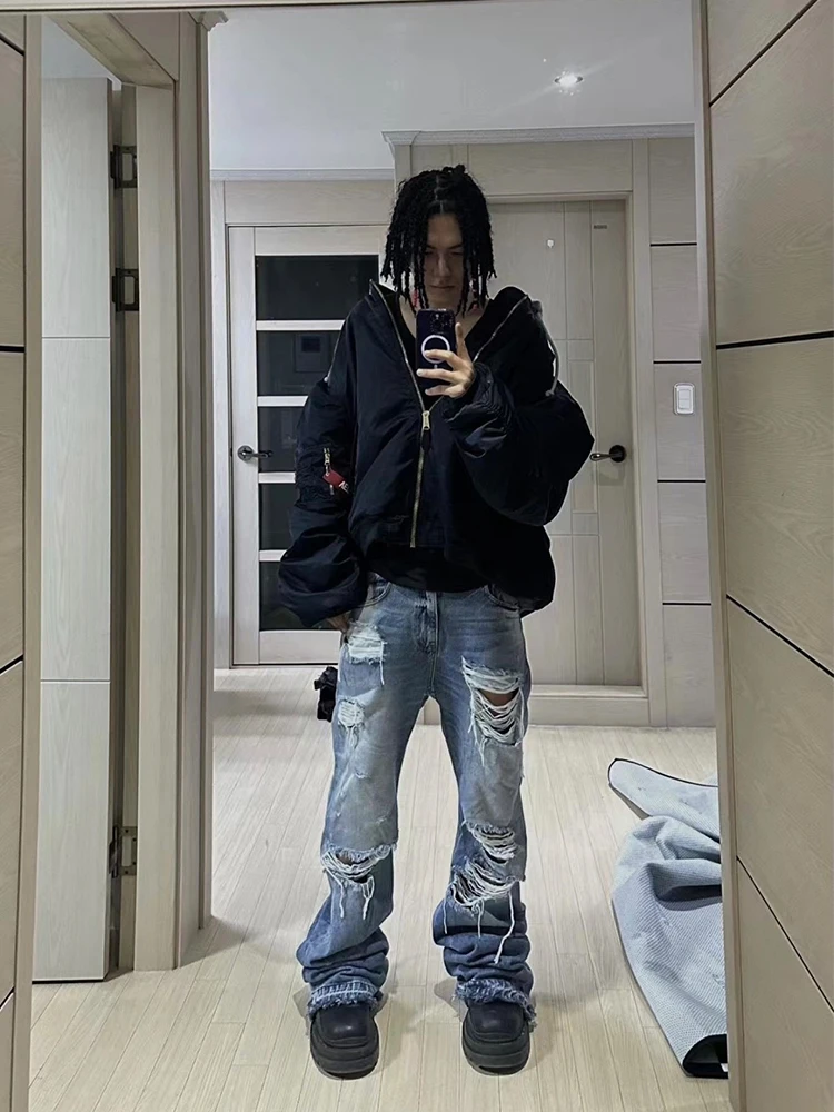 

Washed Denim Jeans Logical Brand Whisker Frayed Tassel Destruction Collaborative Edition Loose Bell Bottoms Youth Fashion