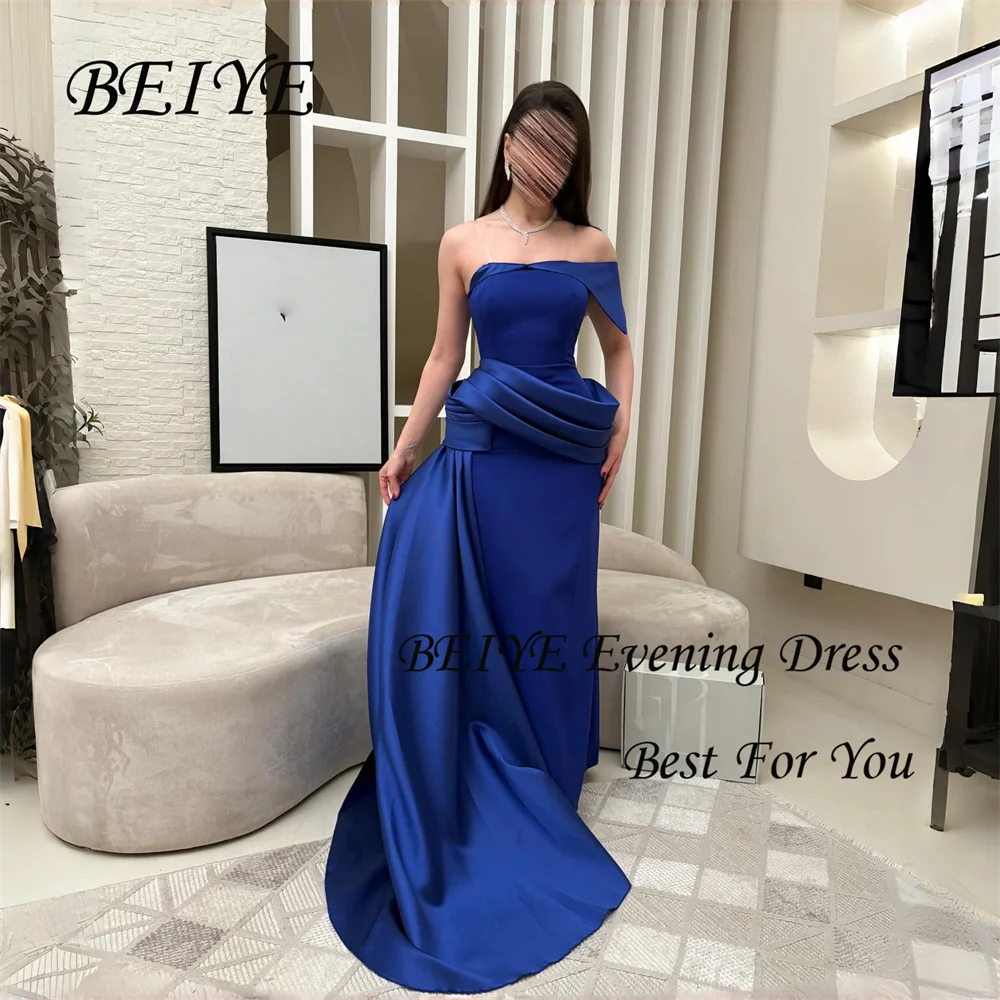 BEIYE Nowoczesne Niebieskie Sukienki Wieczorowe Bez Ramiączek Odkryte Ramiona Satynowa Suknia Formalna na Przyjęcie Szyta na Miarę فساتين سهرات