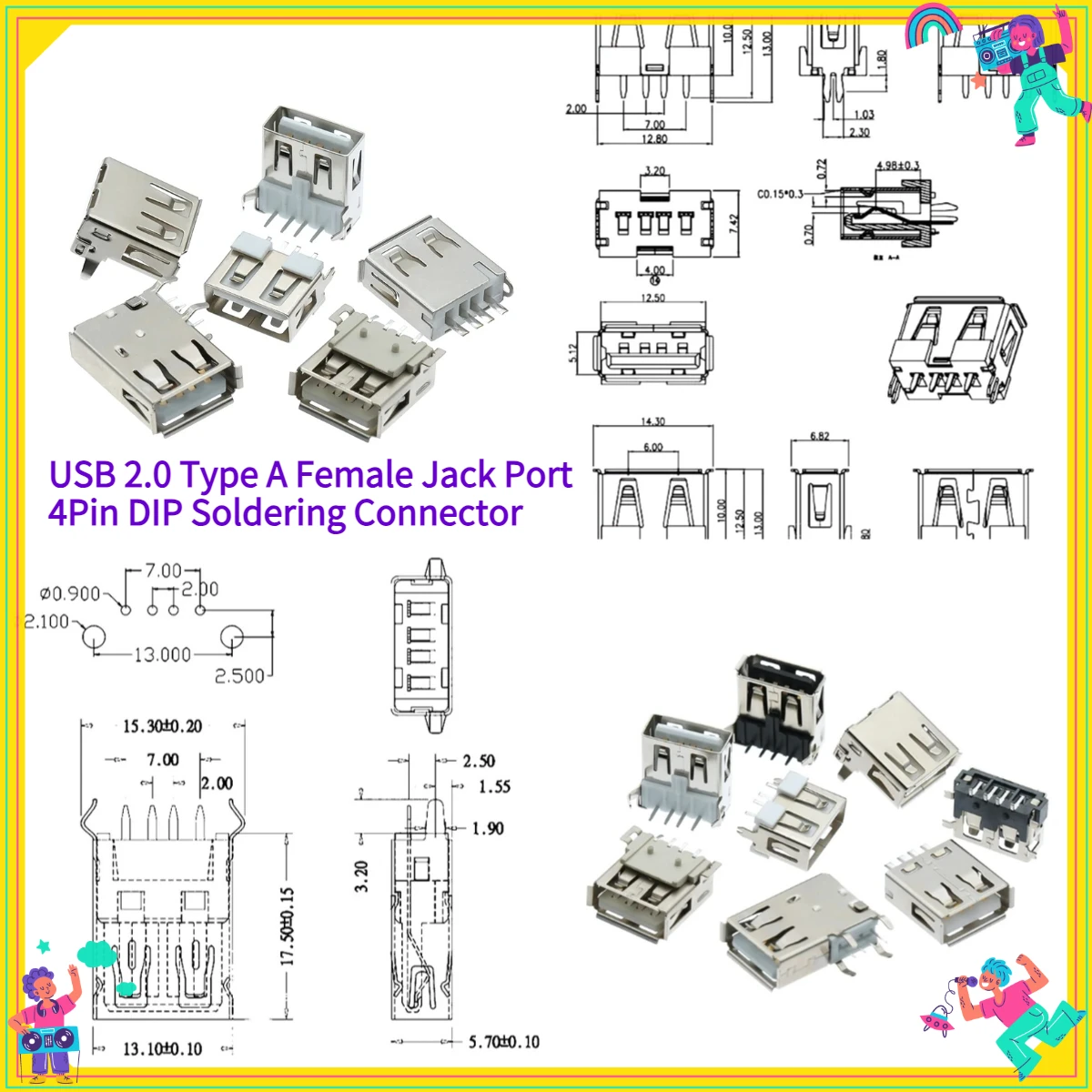 10pcs/Lot USB 2.0 Type A Female Jack Port 4Pin DIP Soldering Connector PCB Socket USB-A Type Right Angle  Wire Connectors