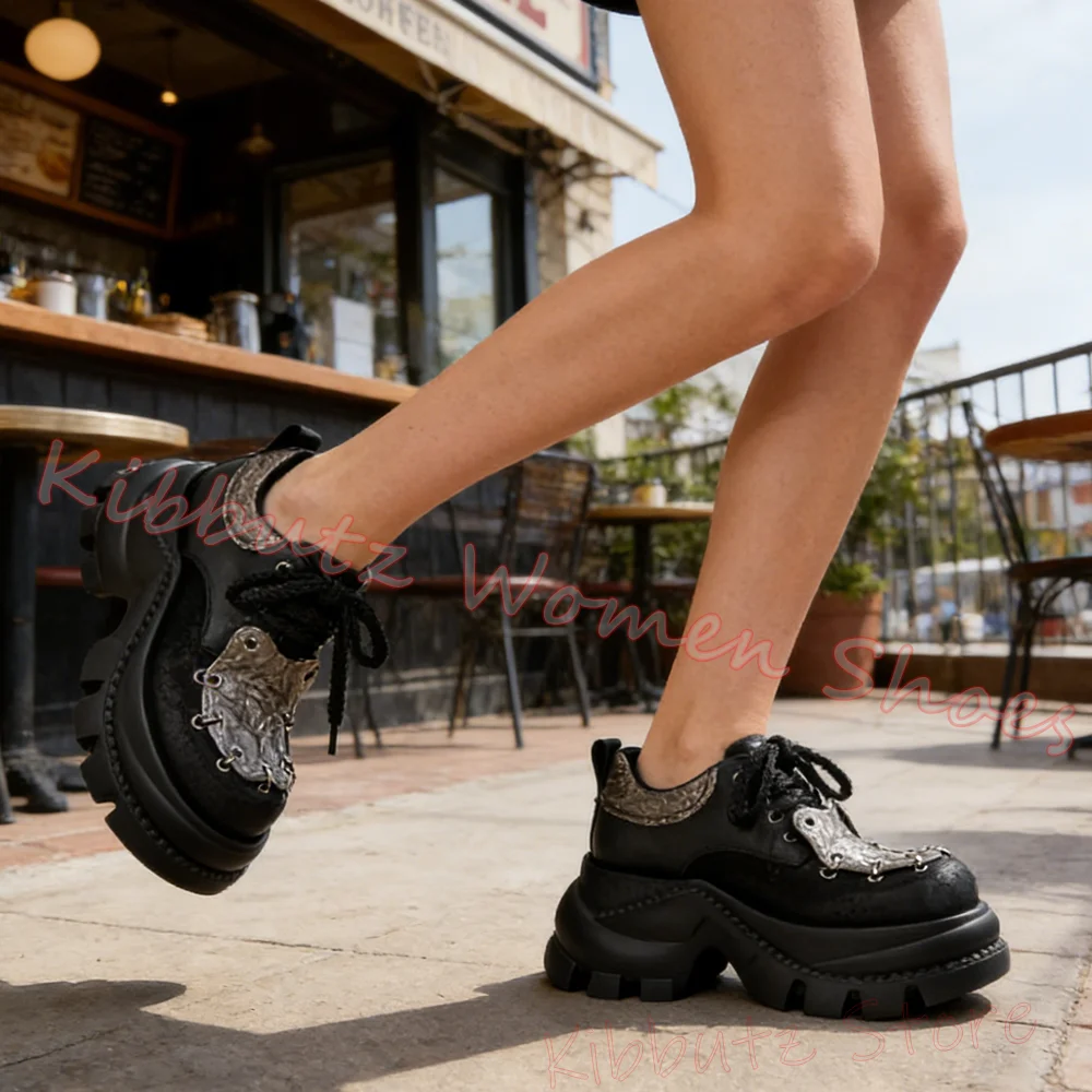 Metal Decor Sneaker Platform Chain Rock Punk Luxury Leather Mixed Color Lace-Up Fashion Concise Sexy Women Shoes New Hot Girls