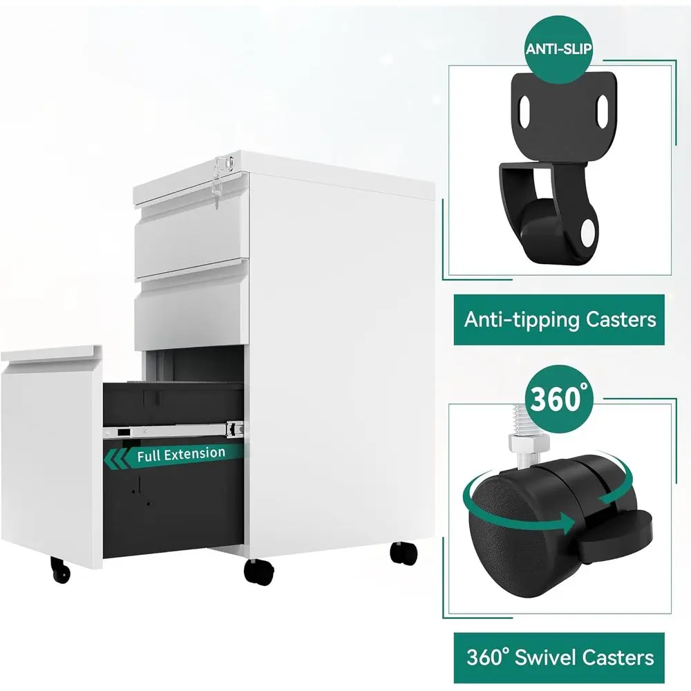 خزانة ملفات متنقلة بيضاء معدنية ذات 3 أدراج مع قفل، وحجم قانوني/حرف، وحدة تخزين مجمعة مسبقًا للمكتب