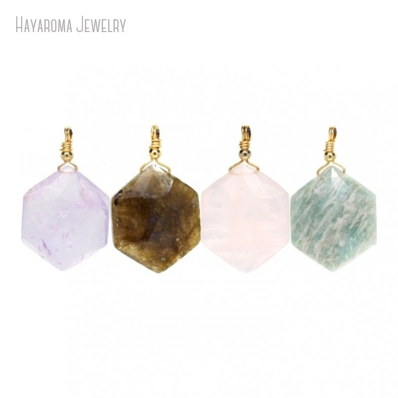 12Pcs Wire Wrapped Pillar Hexagon Handmade Jewelry Faceted Crystal Semi-precious Stone Gemstone Pendant PM46838