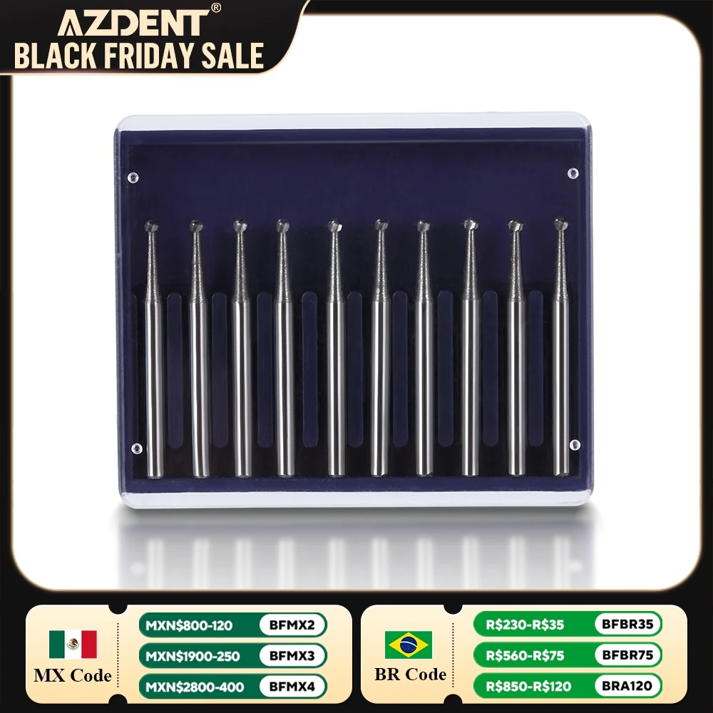 10PCS/Box Dental Tungsten Carbide Burs AZDENT Surgical Drills Round Type Cutters Finishing for High Speed Handpiece Dentistry