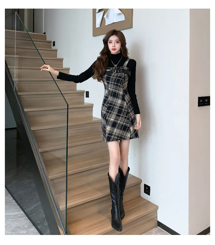 Ready-made spring plaid long brushed woolen suspender dress for women in winter with coat