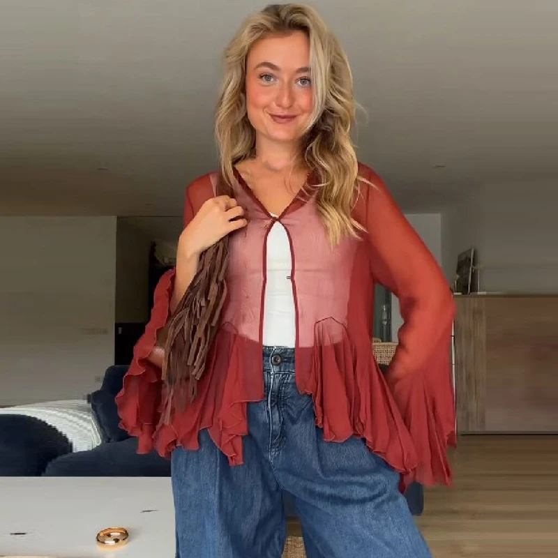 Stylish Chic Lightweight See Through Top Elegant Retro Fall Ladies Blouse Bohemian Casual Daily Date Lady Street Outfit