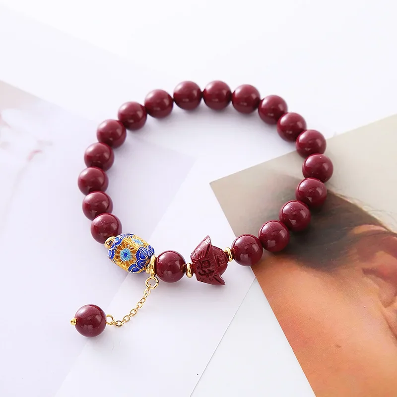 

New Chinese Style Vintage Artistic Lucky Nafu Bracelet Female Yuanbao Lucky Beads Antique Natural Cinnabar Beads Girlfriend Gift