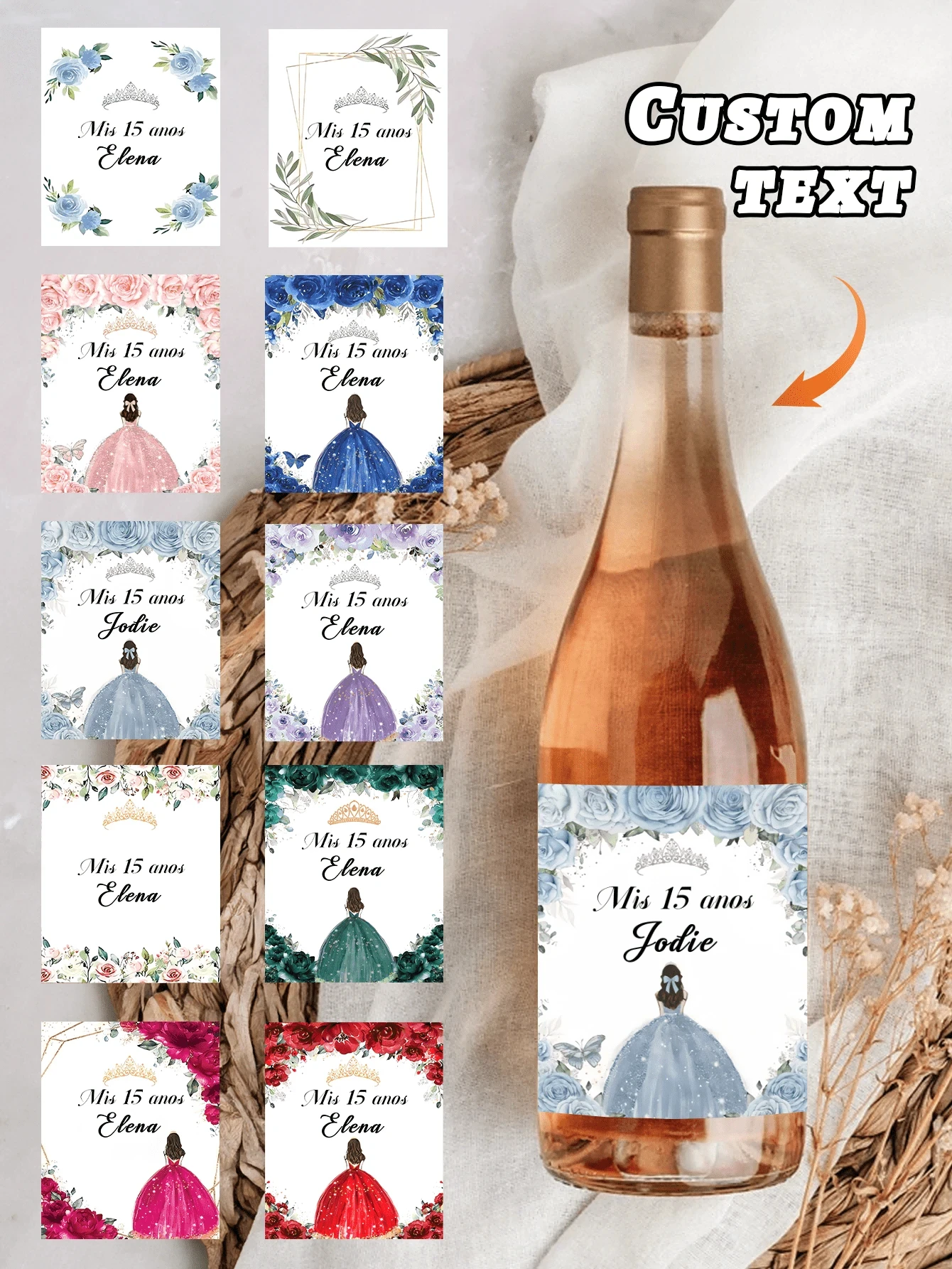 

20pcs Custom 15th Birthday Wine Bottle Labels Elegant Floral Crown Personalized Text Party Decor