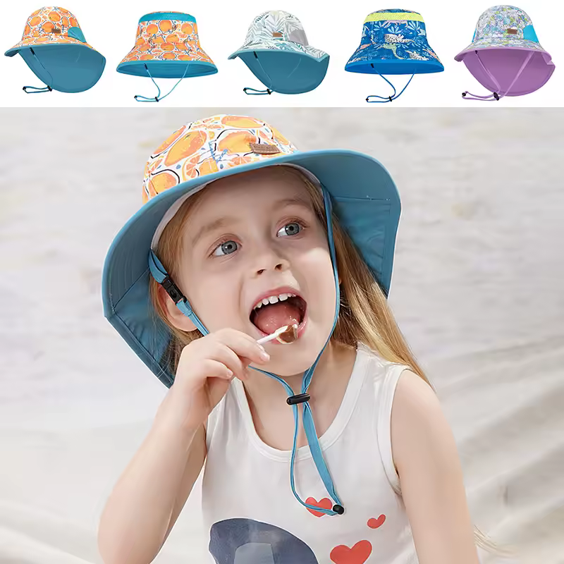 2023 Summer Baby Sun Cap Hat SPF 50+ Infant Travel Beach Kid Hat With Drawstring Girl Boy Cotton Breathable Cartoon 0-12 Years