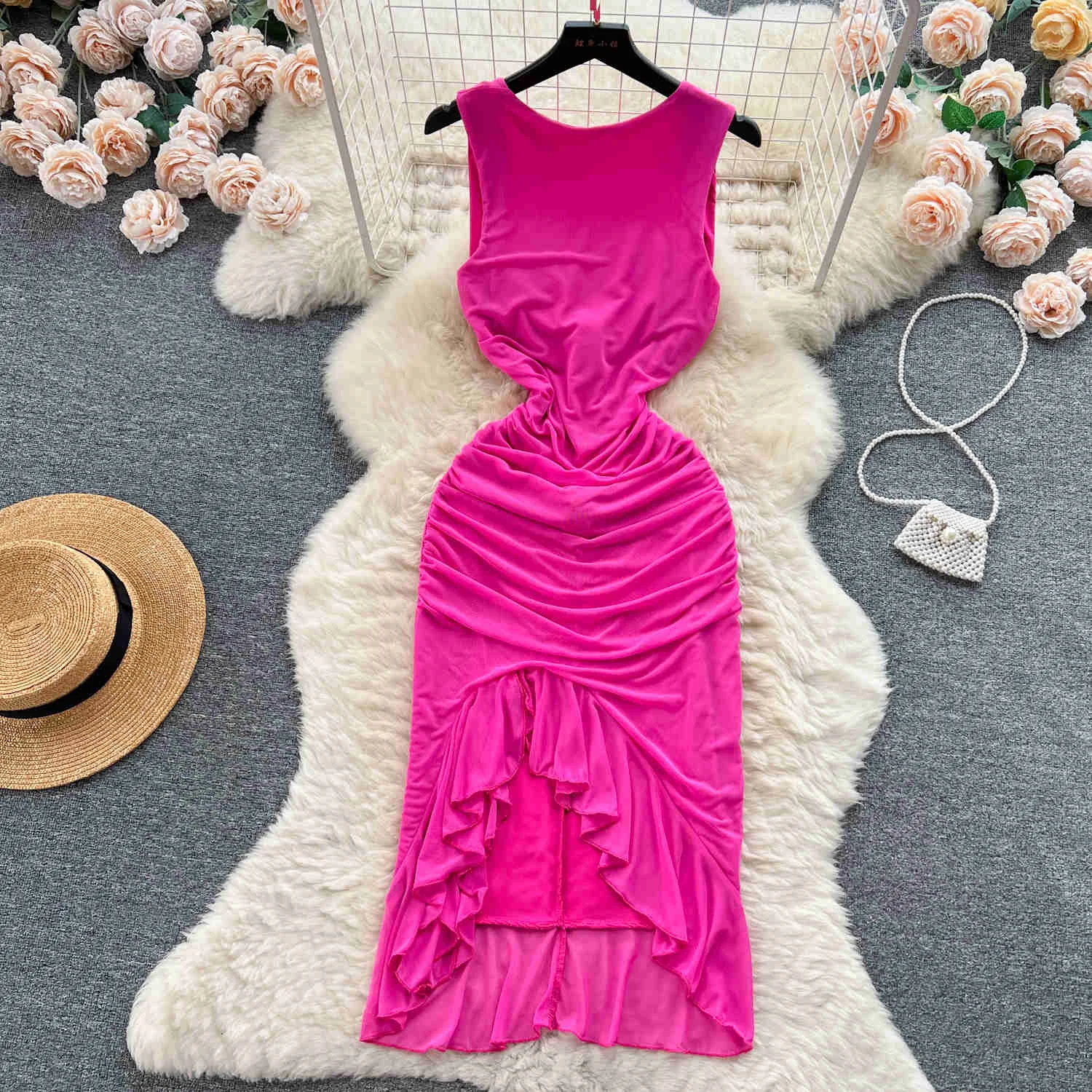 Vestido Sexy Tank de Verão Feminino, Sólido, Gola O, Sem Mangas, Sem Costas, Fino, Cintura Alta, Bodycon, Babados, Irregular, Midi, Clube, Roupas de Festa