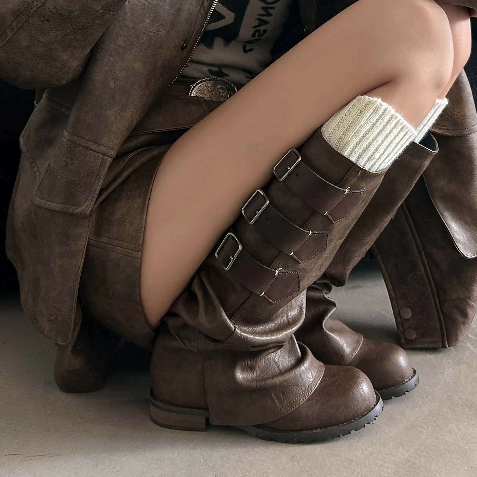 Krazing Pot Retro Cow Split Leather Modern Western Boots Casual Winter Fall Pleated Belt Buckle Comfort Women Thigh High Boots