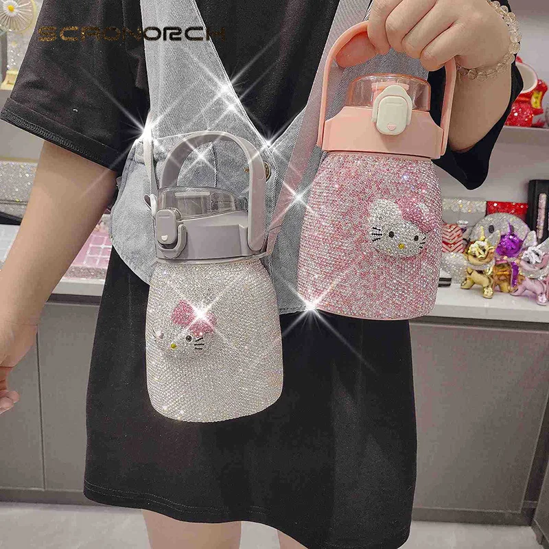 Bling Rhinestone Diamond Thermos Bottle Vacuum Flask Stainless Steel Insulated Thermal Water Bottle with Rope Belly Cup