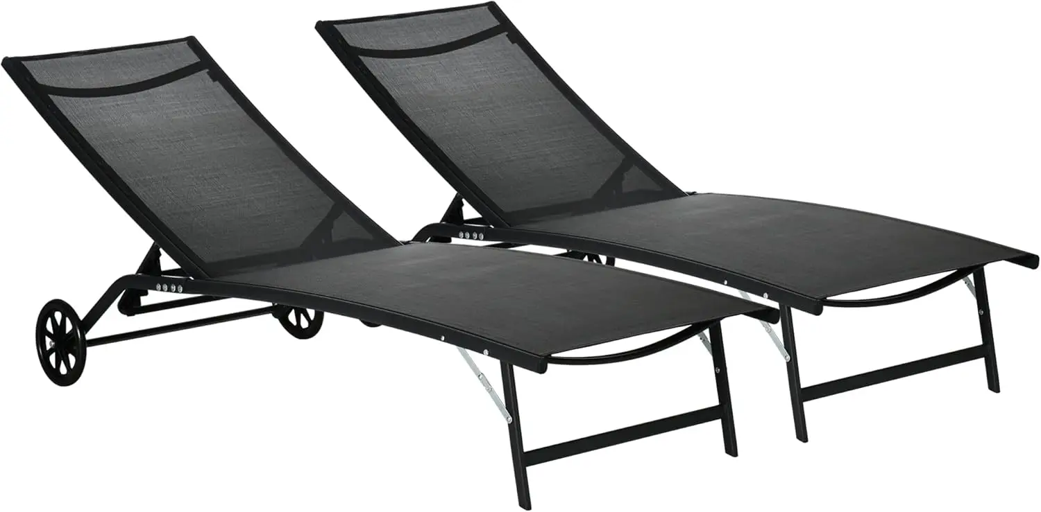 

Chaise Lounge Outdoor, 2 Piece Lounge Chair with Wheels, Tanning Chair with 5 Adjustable Positions for Patio, Beach, Yard, Pool