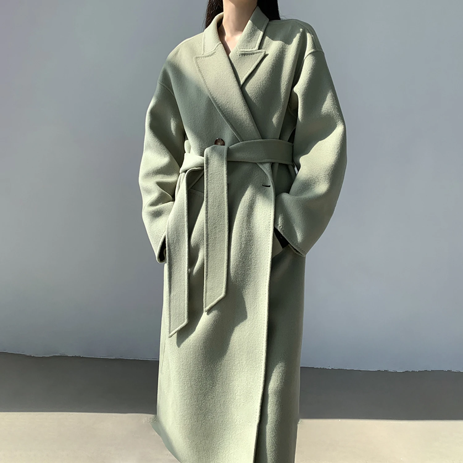 

Allingentle Green Woolen Women Long Blazer Elegant Long Jacket Business Party Office Work Outfits with Belt Customize
