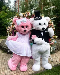 Christmas Hairy Bear Pink White Dress Black Tailcoat Mascot Costumes Rabbit Cartoon Party Costumes Adult Size