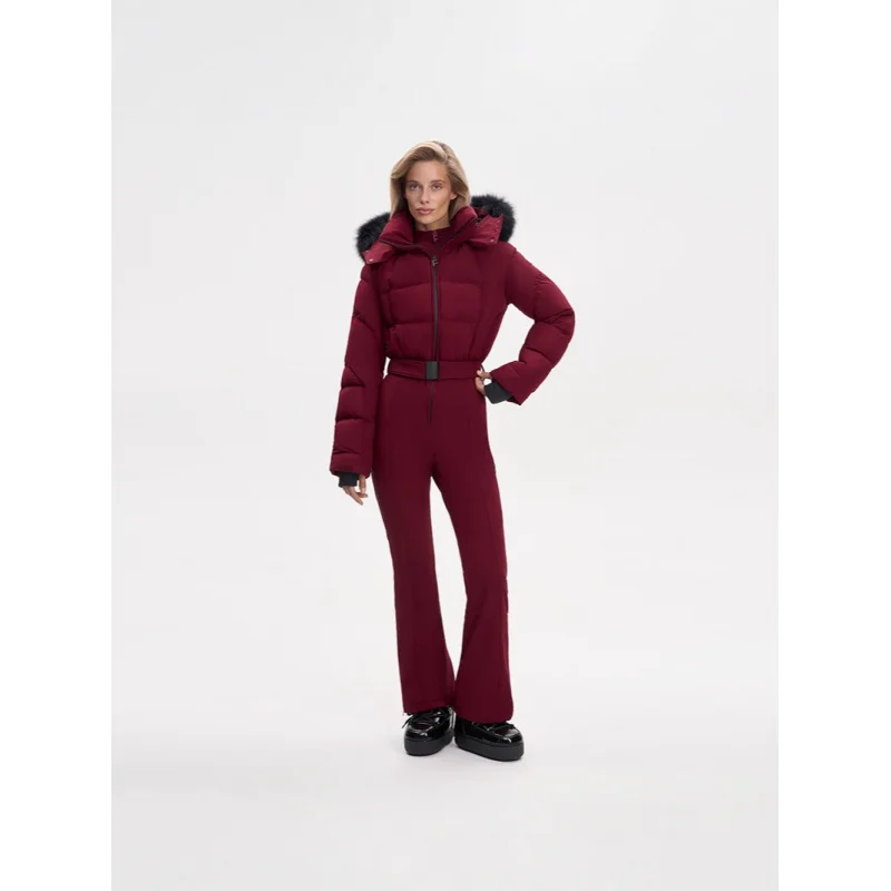 

Женский зимний лыжный костюм с поясом, облегающий дизайн с вырезом на ногах, с отделкой из искусственного меха, с капюшоном, красный