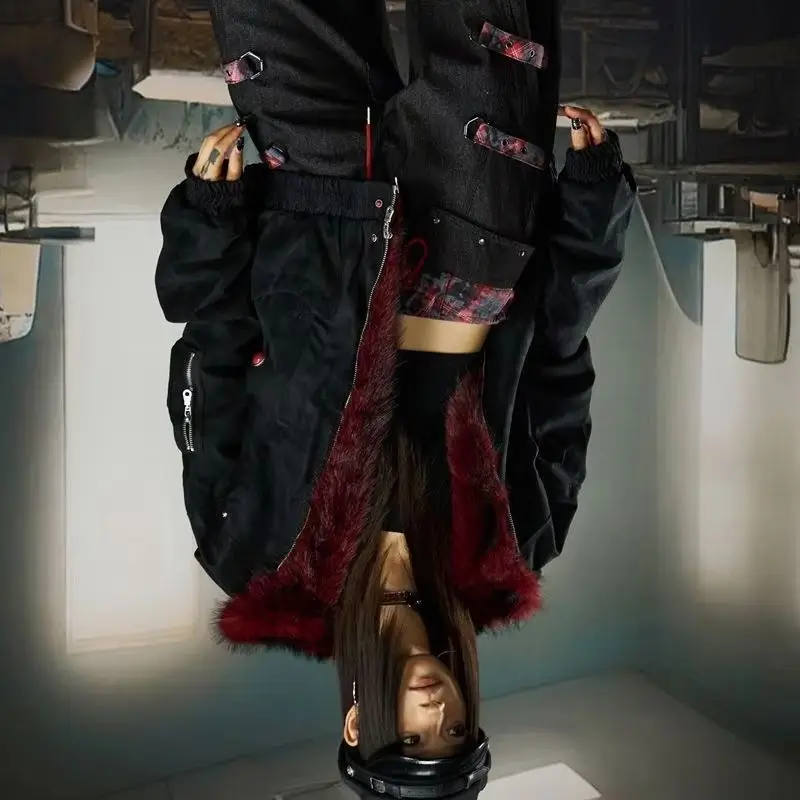 

Mountain carving American retro hooded jacket cotton men's and women's PU leather high-quality winter velvet short wide top